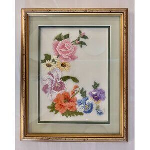 Vintage Handcrafted Floral Embroidery Artwork In Gold Frame By Alameda Crafts